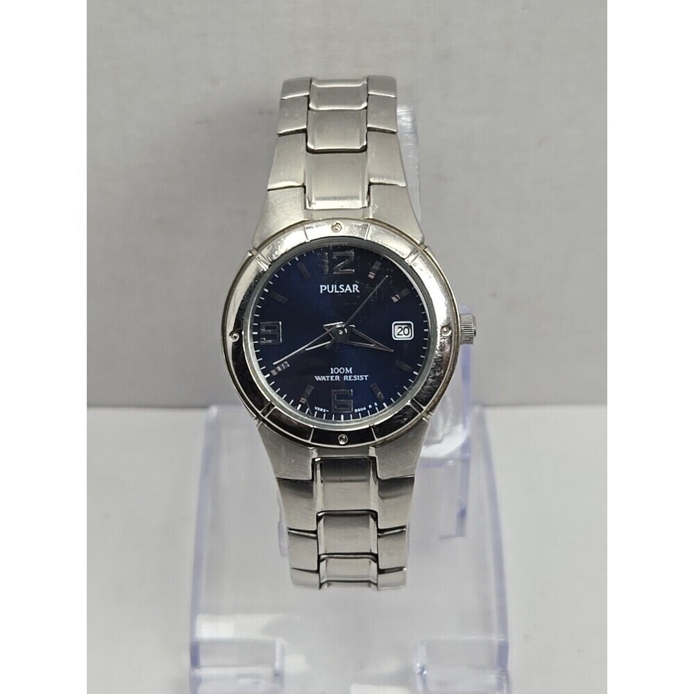 Womens Pulsar By Seiko Date Watch VX82-X301 Silver Tone Blue Dial New Battery